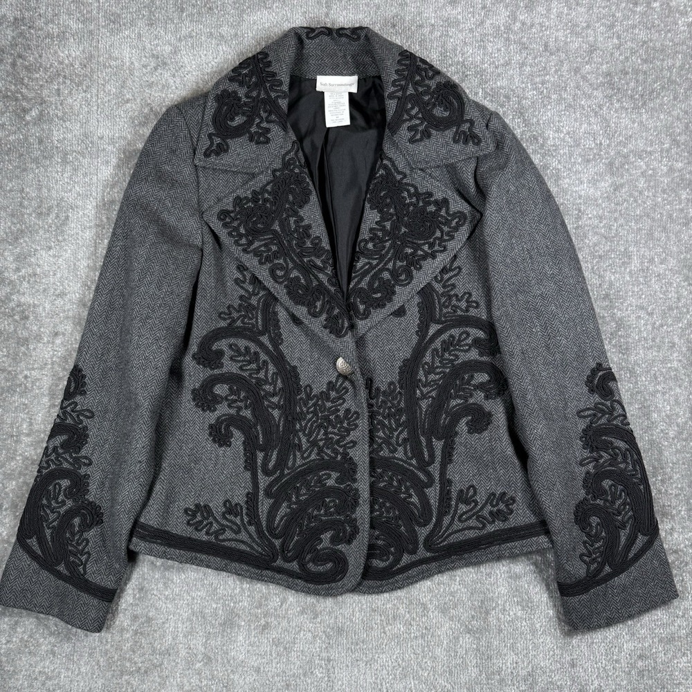 Soft Surroundings Blazer Women's Medium Gray Wool Blend Herringbone Soutache